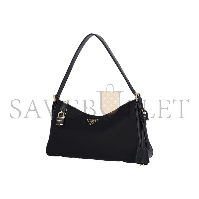 PRADA BLACK AIMÉE LARGE RE-NYLON AND LEATHER SHOULDER BAG WITH PADLOCK 1BC232 (34*19.5*10cm)